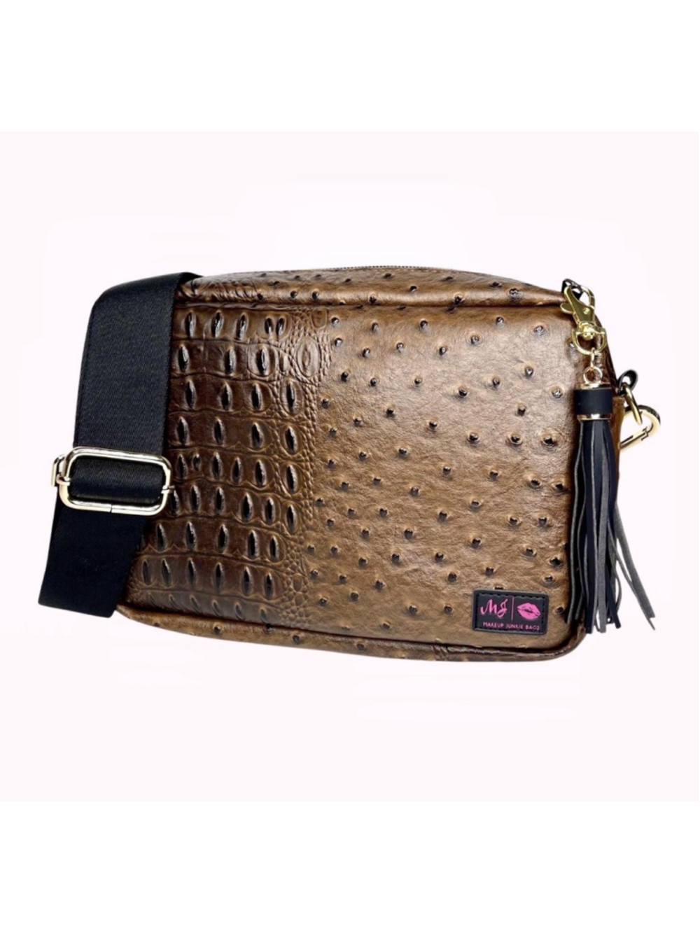 Makeup Junkie Brown Ostrich Embossed Crossbody Belt Bag Fanny Pack Tassel NWT